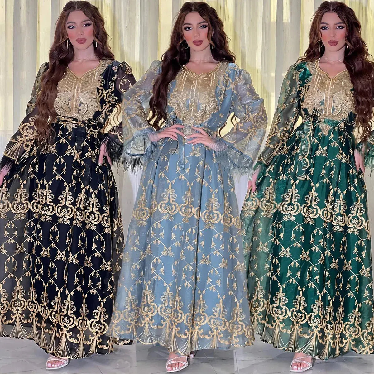 Arab Dubai Embroiled Decal Dress Muscle Party Dinner Gown Round-Neck Dress Muslim Ramadan Long Dress Fashion Women Clothing