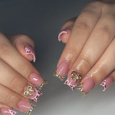 24Pcs Pink French Press on Nails Full Cover Small Broken Diamond Leopard Print Design Short Ballet 3d Gold Bow Nails Fashion Art