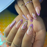 24Pcs Mid-length French Almond False Nails Purple Smudge Design Full Cover Nail Tip Gilding Pattern Wearable Press on Fake Nails