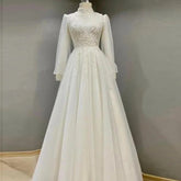 Elegant Ivory Wedding Gowns Vestido De Novia Long Sleeves Beaded Lace A-Line Tulle Dubai Muslim Bride Dresses Real Photo Ivory