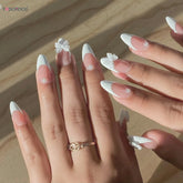 White French Style Fake Nails Gentle Pink Press on Nails 3D Bowknot Design Almond Charm Manicure Korean Fashion False Nail 24Pcs