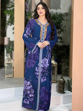 Abaya Women Dubai Retro Ethnic Printing Diamonds V-Neck Full Sleeve Clothing Loose Casual Muslim Arab Female Long Dress Blue Dress