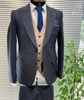 Grey Striped Men Suits for Business Slim Fit Peaked Lapel Groom Tuxedos For Wedding 3 Pcs Prom Blazer ( Jacket +Vest + Pants)