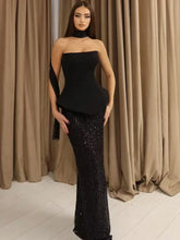Sexy Strapless Backless Sequins Mesh Black Maxi Long Two Pieces Skirt Bandage Set 2025 Celebrity Designer Women's Set