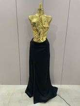 2025 New Arrival Gold Color Sexy Laced-up Tops 2 Pieces Set Long Dress Women Celebrate Evening Party Celebrity Elegant Dress