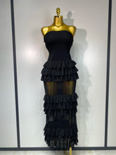 Women Sexy Strapless Ruffles Long Dress Black Backless Mesh See Through Design Dresses Evening Party Cocktail Birthday Dress