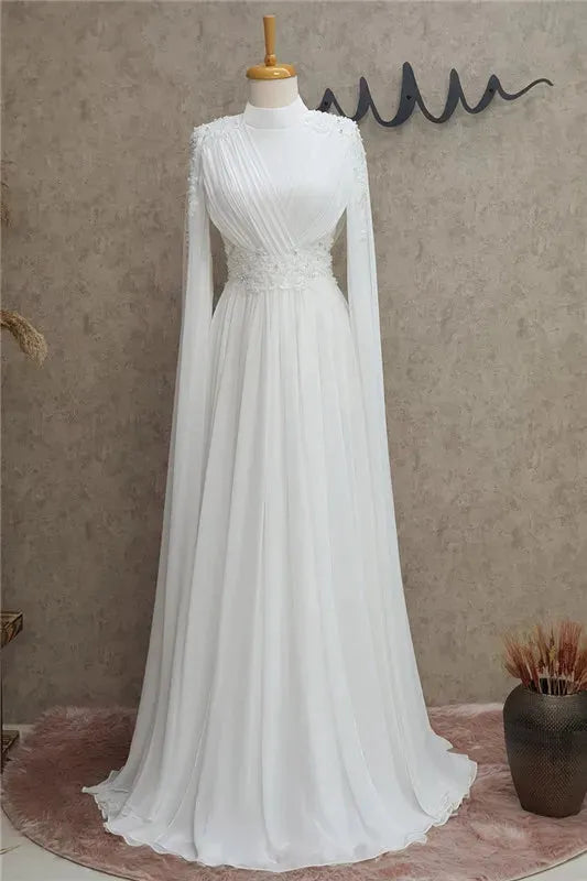 A-Line Chiffon Appliques Beads Prom Dresses Long Muslim Evening Gowns Dubai Arabic Formal Wedding Guest Dresses for Women WHITE