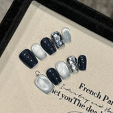 10Pcs Short Black Ballerina Handmade False Nails Shimmery Powder Press on Acrylic Nail Cat Eye Gel Nails with Glue Fake Nail Tip