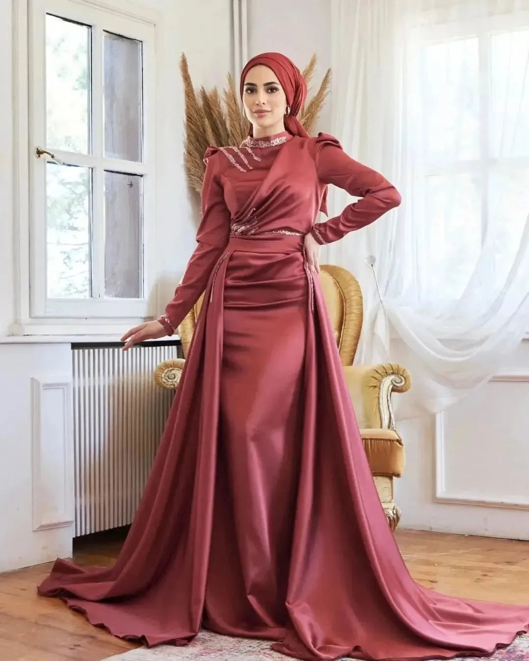 Elegant Muslim Evening Gown Mermaid Long Sleeve Formal Dress High Neck Arabia Dubai Wedding Party Dress Vestidos De Noite picture color 1