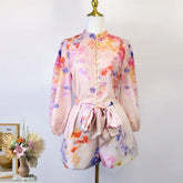 Shot Spot 2025 Spring and Summer Stand Collar Long Sleeve Shirt Top Wide Leg Skirt Pocket with Silk Scarf Belt Two-Piece Se