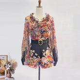 Shot Spot Australia New Positioning Printing Top Three-Dimensional Flower Lace-up Top + Wide Leg Shorts Suit Women