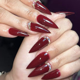 Dark Red Long Stiletto Fake Nails for Spicy Girls 24Pcs Solid Color Press On Nails Shiny Diamond Decor New Year Charm Manicure