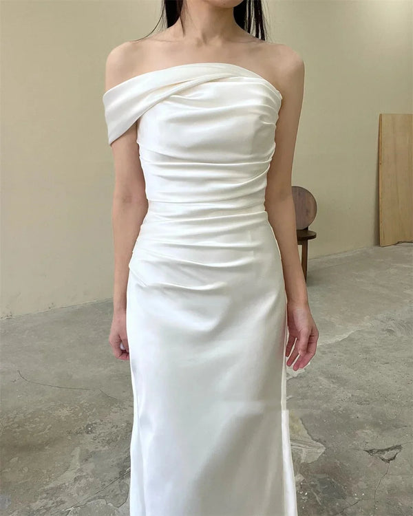 One Shoulder Wedding Dress Korea Photo Shoot Mermaid Satin Floor Length Bridal Gown Custom Made To Measures Floor Length