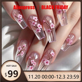 24pcs National Style Plum Blossom Painting 2D Flower Press on Nails Diamond Shape Simple Nails Full Cover Wearable False Nails