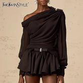 TWOTWINSTYLE Solid Loose Two Piece Sets for Women Diagonal Neck Long Sleeves Spliced Bow Top Patchwork Ruffles Skirt Female New