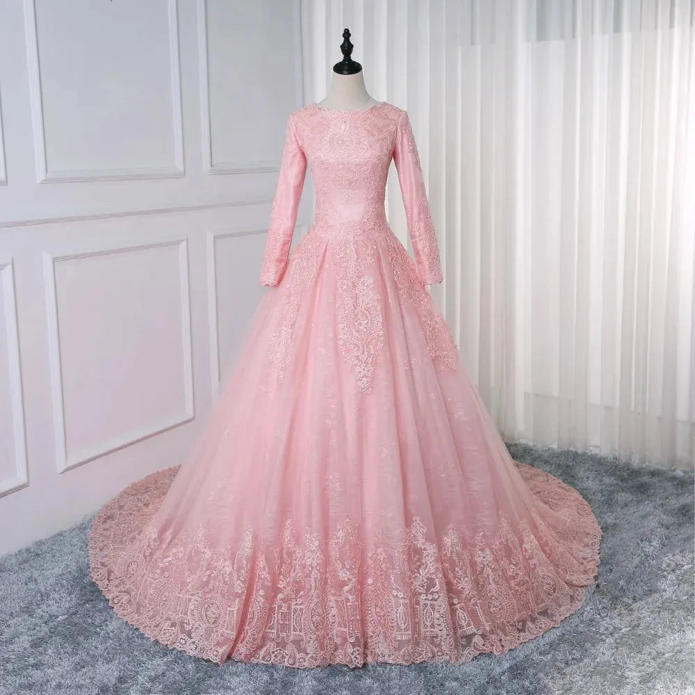 Real Pictures Arabic Vintage Muslim Wedding Dress O Neck Pink Long Sleeve Lace Robe De Mariage elegant woman trouwjurk Pink
