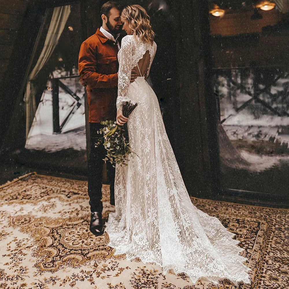 Bohemian Long Sleeves Floral Lace V Neck Outdoor Wedding Dress Elopement Hollow Sheath Modest Pearls Rustic Bridal Gown