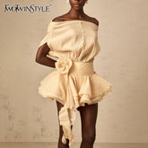 TWOTWINSTYLE Solid Loose Spliced Ruffles Mini Dresses for Women Slash Neck Sleeveless Patchwork 3D Flower Dress Female Clothing