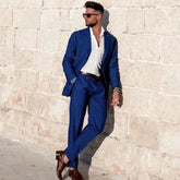 Blue Stripe Men Suits Slim Fit Wide Peak Lapel Groom Tuxedo for Wedding Wear 2 Pieces Male Fashion Blazer with Pants 2023