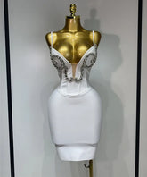 Women Sexy Spaghetti Strap V Neck Crystal Sleeveless Bandage Dress White Elegant Evening Party Cocktail Luxury Birthday Gowns
