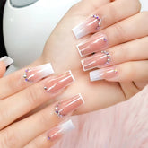 Mid-length Coffin False Nails Gradient Pink Press on Nails Diamond Designs Blush Pink Full Cover Fake Nails for Women and Girls