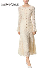 TWOTWINSTYLE Solid Slimming Spliced Appliques Dresses for Women Round Neck Long Sleeves Patchwork Single Breasted Dress Female