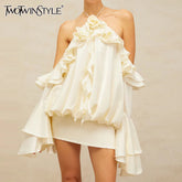 TWOTWINSTYLE Solid Loose Spliced 3D Flower Dresses for Women Halter Neck Sleeveless Patchwork Fungus Mini Dress Female Clothing