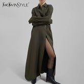 TWOTWINSTYLE Solid Minimalist Split Dresses For Women Lapel Long Sleeve High Waist Patchwork Single Breasted Loose Dress Female