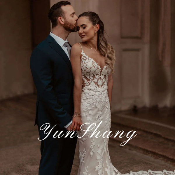 Yunshang Elegant Mermaid Wedding Dress Spaghetti Straps V-Neck Lace Open Back Applique Bridal Gown Sweep Train Vestidos De Novia