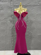 Rosered Color Women Sexy Florals Strapless Diamond Line Bodycon Long Bandage Dress Birthday Party Photo Shoot Wear