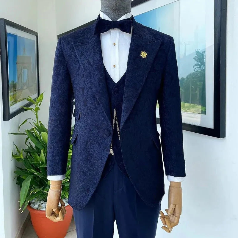 Floral Pattern Tuxedo Suits for Men Wedding 2023 Slim Fit Peak Lapel Custom Jacquard Blazer 3 Piece (Blazer + Vest + Pants)