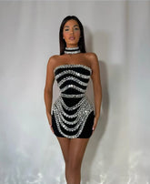 Sparkly Big Crystal Women Sexy Strapless Bodycon Mini Bandage Dress Necklace Celebrate Nightclub Party Photo Shoot Wear