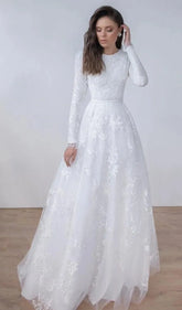 White Wedding Dress for Women Bride A-Line Robe De Mariée Long Sleeves France Lace Muslim Bridal Gowns Ivory
