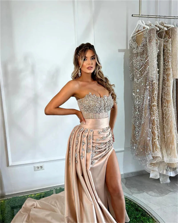 Sansa Luxury Champagne Glitter فساتين السهرة Off the Shoulder Mermaid Vestidos De Noche Floor-Length Side Split Prom Dresses