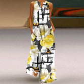 Fashionable Women's Hollow V-neck Maxi Dress Fresh Flower Print Sleeveless Loose Straight Beach Seaside Vacation Long Dress