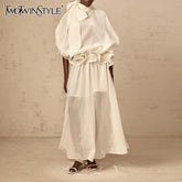 TWOTWINSTYLE Solid Loose Spliced Bow Tunic Dresses for Women Half High Neck Short Sleeves Patchwork Ruffles Dress Female Clothes