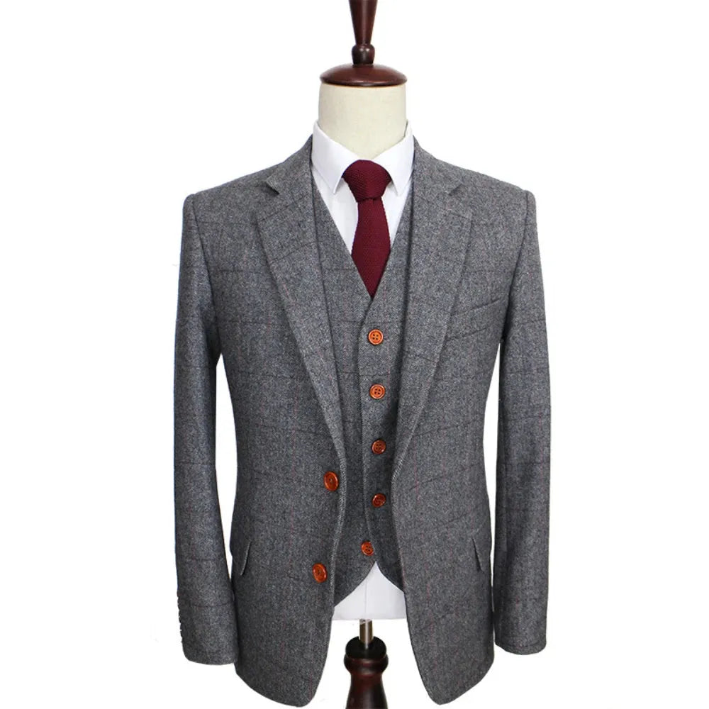 Wool Grey British Style Suits for Men Custom Made Herringbone Tweed 3 Pcs Wedding Slim Fit Groom Tuxedo (Jacket + Pants + Vest)