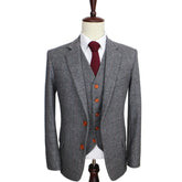 Wool Grey British Style Suits for Men Custom Made Herringbone Tweed 3 Pcs Wedding Slim Fit Groom Tuxedo (Jacket + Pants + Vest)