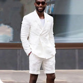 Double Breasted Linen Summer Men Suits with Short Pants 2 Piece White Blazer Casual Fashion Style Wedding Groom Tuxedos