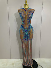 Luxury Sparkly Rhinestones Nude Sexy Mesh Maxi Dress 2025Women Evening Birthday Party Elegant Gown Show Red carpet Stage Costume