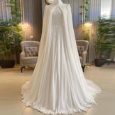 Luxury Long Sleeves Muslim Wedding Dress Bride Chiffon With Beading A-Line Bridal Gowns with Cape Robe De Mariée WHITE