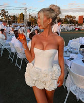 White Black Color Women Sexy Strapless Bodycon Mini Florals Ball Gown Mini Bandage Dress Laced Up Celebrate Nightclub Party Wear