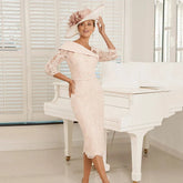 Sheath Mother of the Bride Dresses Lace 3/4 Sleeve Long Prom Gown Simple V-Neck Chiffon Bridal Mom Dress robes invitée mariage Pink