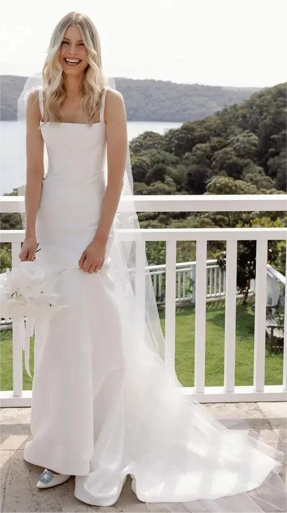 Yunshang Simple Mermaid Wedding Dress Spaghetti Straps Square Collar Satin Open Back Bridal Gown Sweep Train Vestidos De Novia