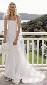 Yunshang Simple Mermaid Wedding Dress Spaghetti Straps Square Collar Satin Open Back Bridal Gown Sweep Train Vestidos De Novia