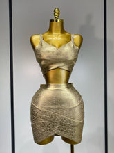 2025 New Summer Sexy V Neck Gold Bandage Two Pieces Set Women Charming Celebrity Bodycon Skirt Suits Club Birthday Vestido