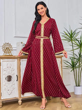 Abaya Muslim Fashion Chic Tape Trim Full Sleeve V-Neck Belted Clothing Elegant Casual African Long Dresses For Women Red Dress