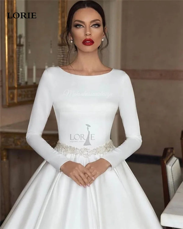 LORIE Satin Wedding Dresses A Line Long Sleeve Muslim Style Bride Dress Elegant Classic Modest Bride Wedding Gowns