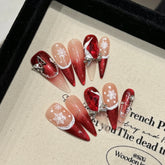10Pcs Shimmery Christmas Stiletto Almond Handmade False Nails Winter Snowflake Nail Art Red French Full Cover Press on Nail Tips