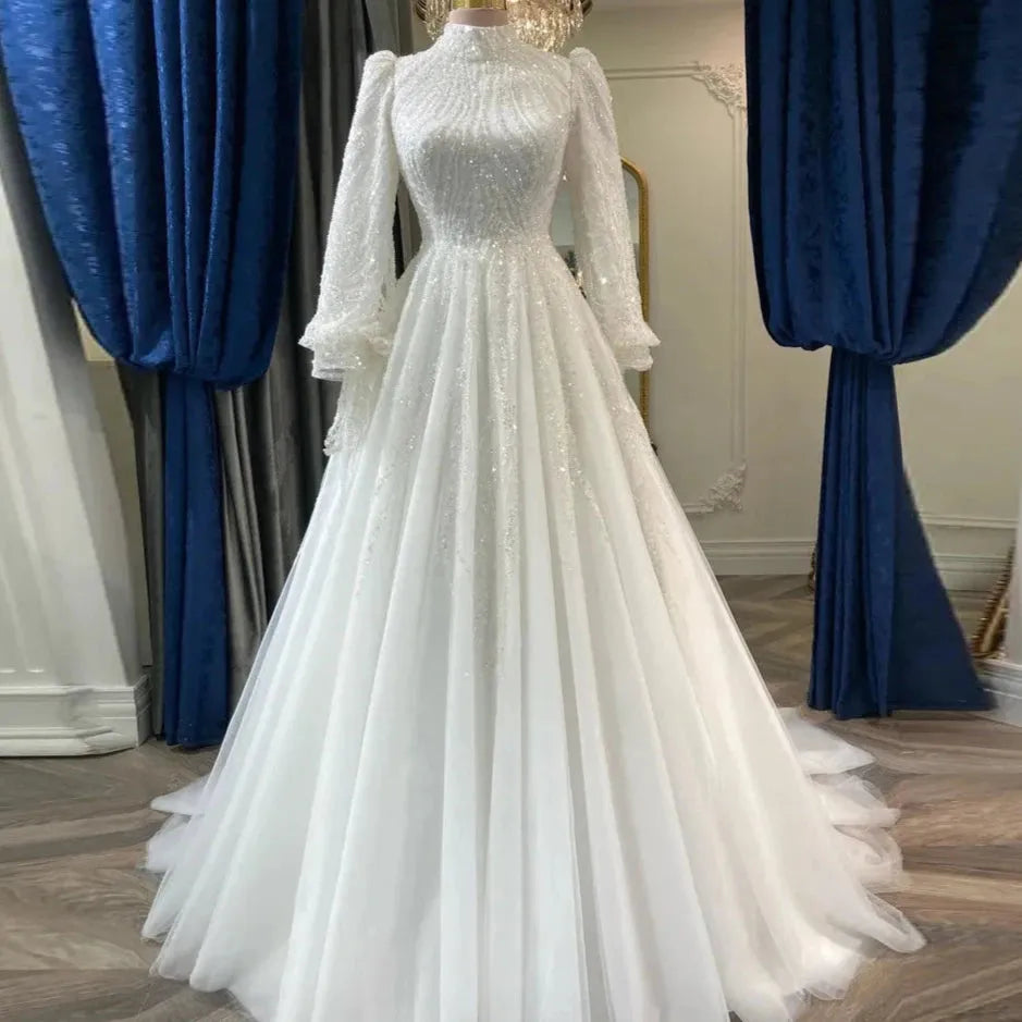 Luxury Long Sleeves Muslim Wedding Dresses Lace Beaded Dubai Arabic Bridal Gowns For Women Bride Robe De Mariée WHITE